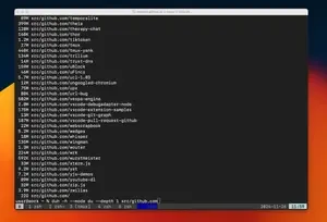 A terminal window showing disk usage statistics for GitHub repositories in the src/github.com directory. The output is formatted similarly to the 'du' command, displaying file sizes and paths. The list shows various repositories with their sizes, ranging from 22G to smaller amounts like 32M. Notable entries include temporalite (89M), tiktoken (1.2M), vespa-engine (502M), and others. The command being run is 'duh -h --mode du --depth 1 src/github.com' with the terminal appearing to be running in tmux