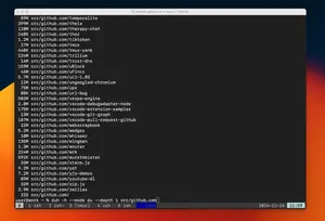 A terminal window showing disk usage statistics for GitHub repositories in the src/github.com directory. The output is formatted similarly to the 'du' command, displaying file sizes and paths. The list shows various repositories with their sizes, ranging from 22G to smaller amounts like 32M. Notable entries include temporalite (89M), tiktoken (1.2M), vespa-engine (502M), and others. The command being run is 'duh -h --mode du --depth 1 src/github.com' with the terminal appearing to be running in tmux