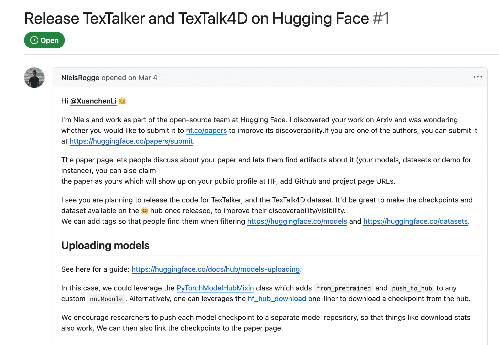 Screenshot of GitHub Issue: Release TexTalker and TexTalk4D on Hugging Face #1